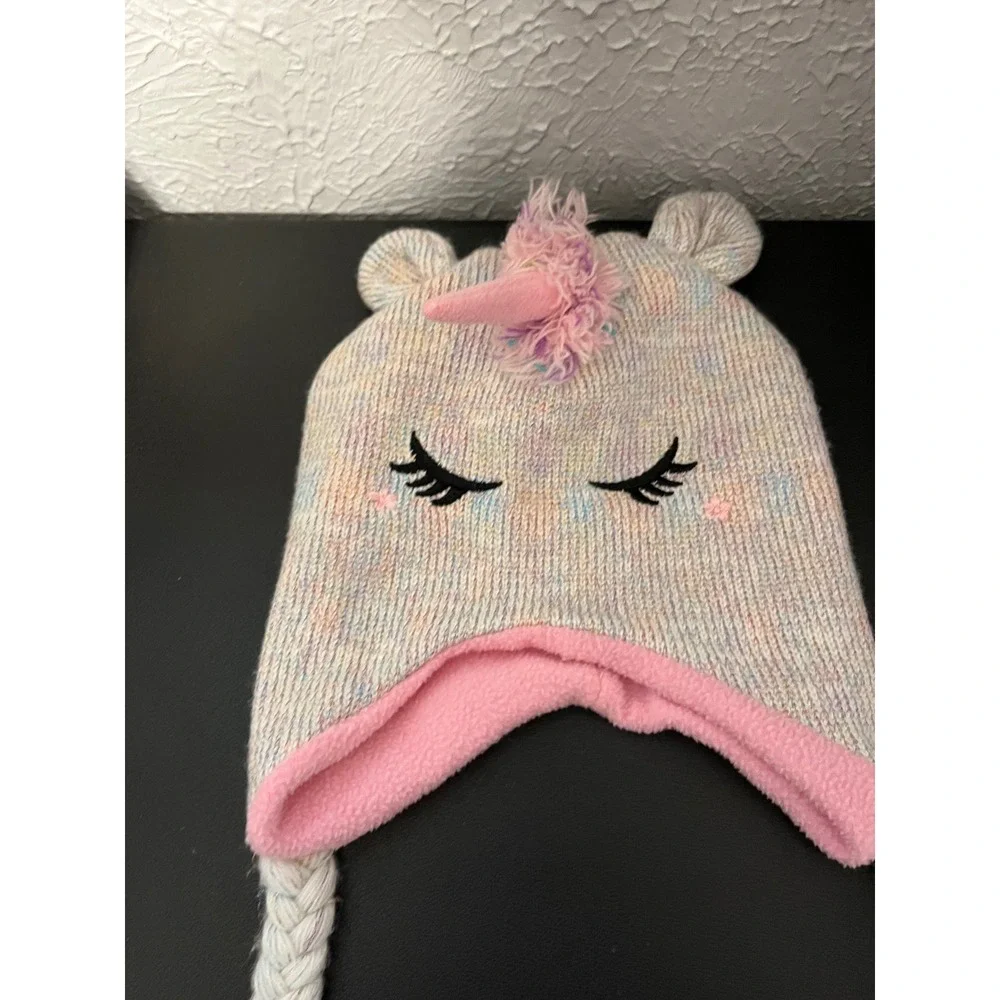 Kids Unicorn Trapper Hat Pastel Rainbow Glitter Knit‎ Fleece Lined Beanie Pink